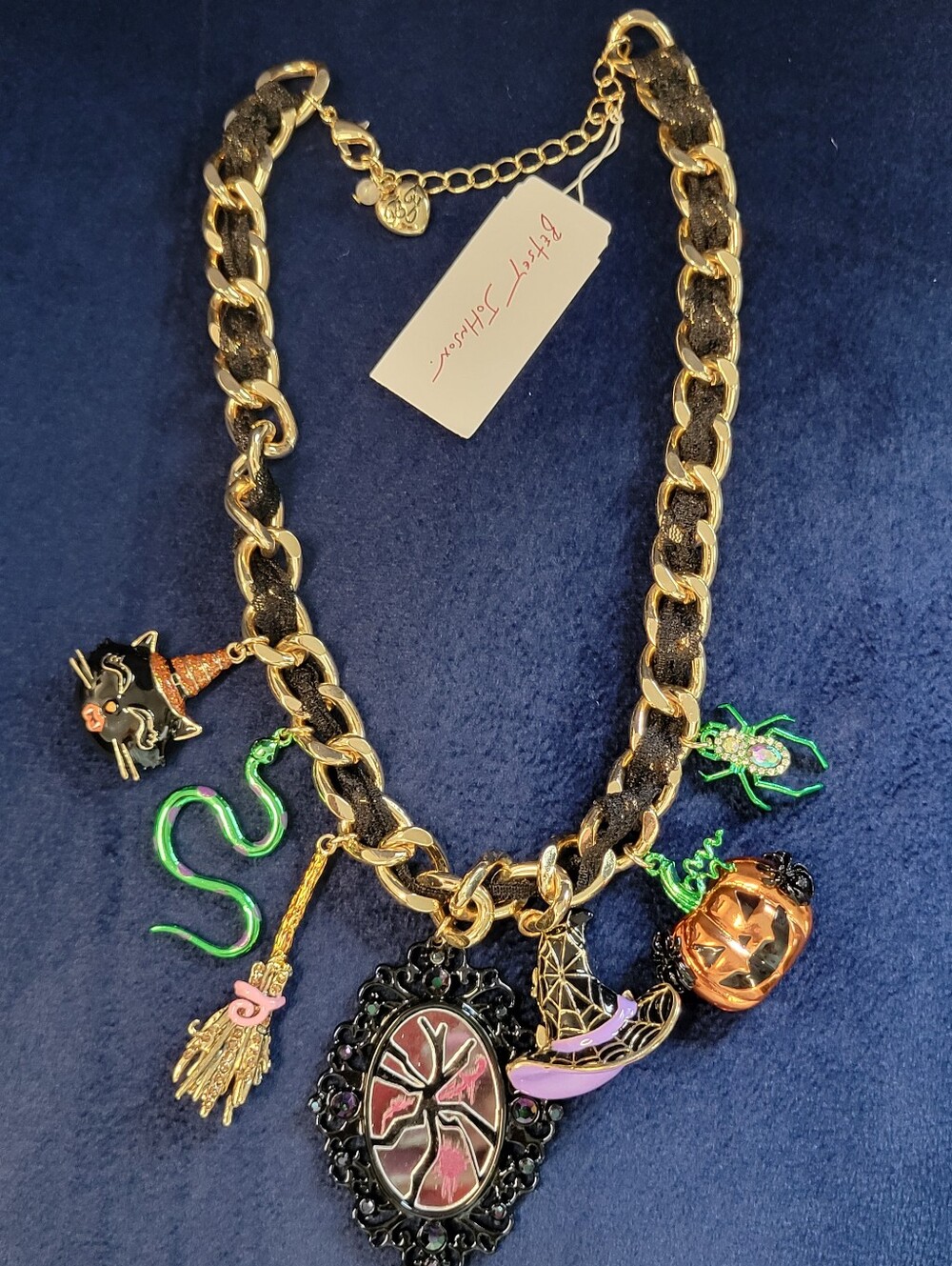 Betsy Johnson Gold-Tone Halloween Charm Necklace with Black and Orange Accents